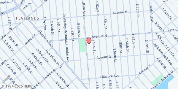 Map showing World Healing Center at 2205 Utica Avenue, Flatlands, NY