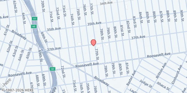 Map showing Jackson Heights Elmhurst Kehillah at 37-06 77th Street, Flushing, NY