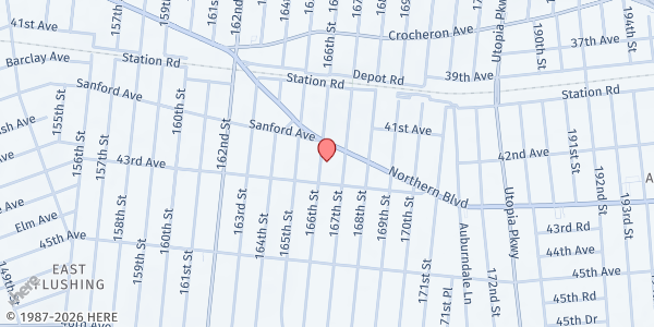 Map showing KCS Flushing Older Adult Center at 42-15 166th Street, Flushing, NY