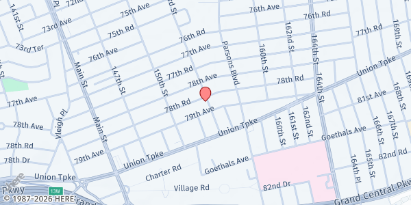 Map showing Kehilat Sephardim Food Pantry at 150-62 78th Road, Flushing, NY