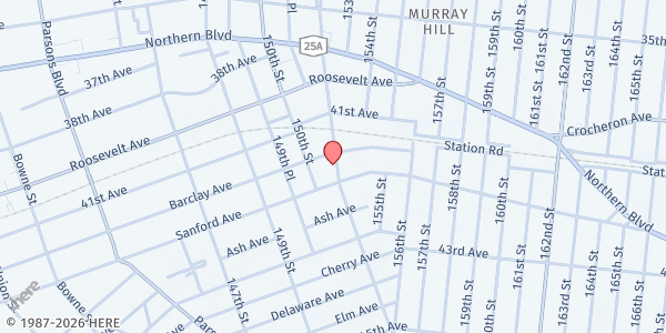 Map showing Murray Hill Neighborhood Association - Food Pantry at 41-54 Murray Street, Flushing, NY