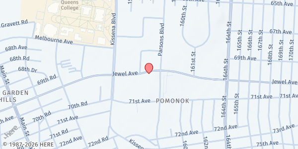 Map showing Pomonok Residents Association - Distribution Site at 155-26 Jewel Avenue, Flushing, NY