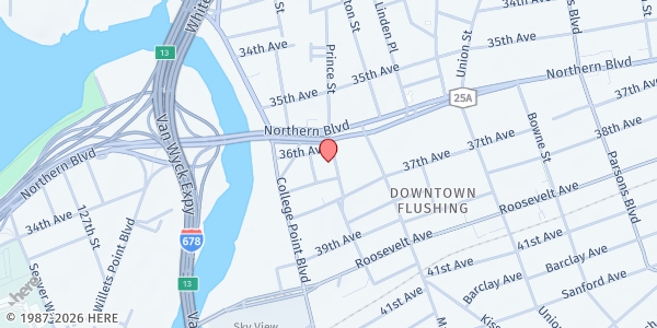 Map showing Self-help Prince Street Senior Center - Food Distribution Center at 36-12 Prince Street, Flushing, NY