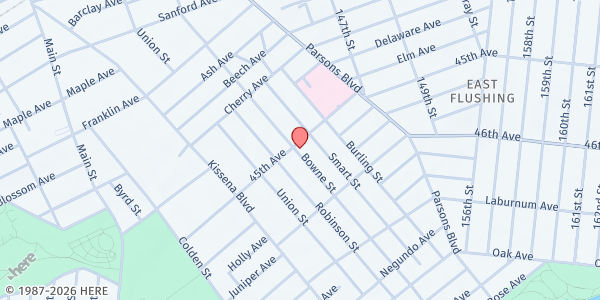 Map showing SOUTH ASIAN COUNCIL FOR SOCIAL SERVICES at 143-02 45TH AVENUE, FLUSHING, NY