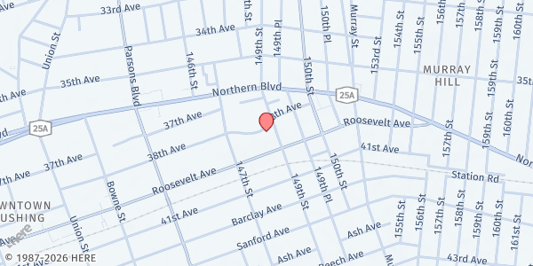 Map showing The First United Methodist Church at 38-24 149th Street, Flushing, NY