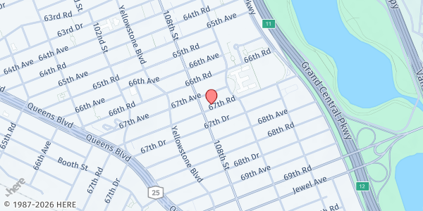 Map showing Central Queens Y: Grunblatt at 108-13 67th Road, Forest Hills, NY