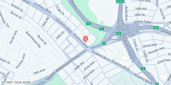 Map showing Queens Law Associates Not-For-Profit Corporation at 118-21 Queens Boulevard, Forest Hills, NY