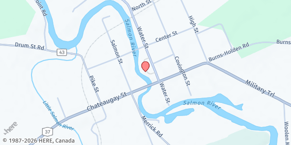 Map showing Fort Covington Helping Hands Food Pantry at 7 Mill St, Fort Covington, NY