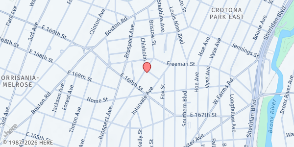 Map showing Caldwell Temple AME Zion Church at 1288 Rev James A Polite Avenue, Foxhurst, NY