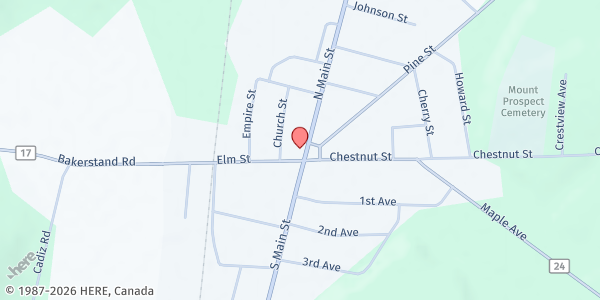 Map showing CATHOLIC CHARITIES - FRANKLINVILLE FOOD PANTRY at 28 PARK SQUARE, FRANKLINVILLE, NY