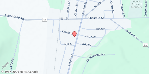 Map showing First Baptist Church at 27 S Main St, Franklinville, NY