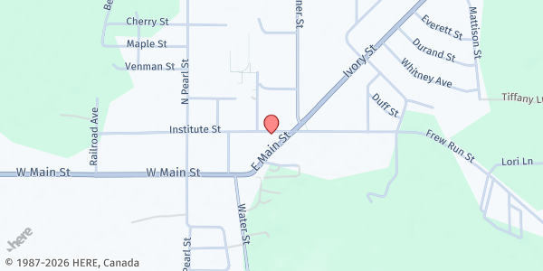 Map showing Frewsburg Food Cupboard - Food Distribution Center at 11 Institute St, Frewsburg, NY