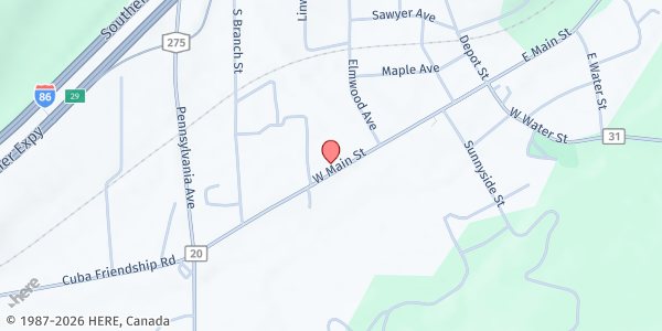 Map showing Mission Agape- Friendship Church at 77 West Main Street, Friendship, NY