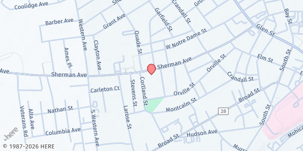 Map showing Bread of Life Food Distribution Center - Calvary Assembly of God Church at 100 Sherman Ave, Glens Falls, NY