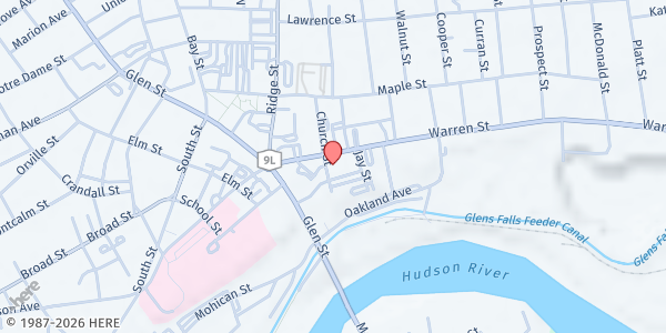 Map showing Saint Mary's Church - Food Distribution Center at 62 Warren St, Glens Falls, NY