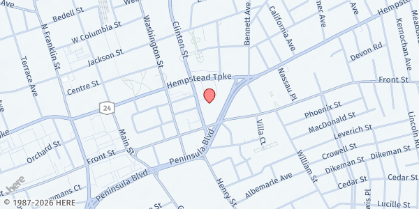 Map showing E.A.C. - Meals on Wheels at 50 Clinton Street, Hempstead, NY