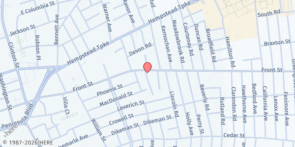 Map showing Hempstead Assembly of God - Open Arms Food Pantry at 660 Front St., Hempstead, NY