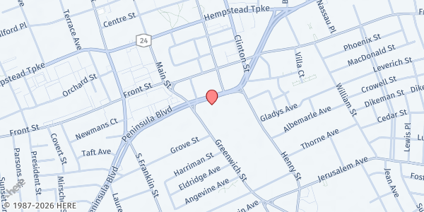 Map showing R.C.C.G. Chapel of Greatness at 201 Peninsula Blvd., Hempstead, NY