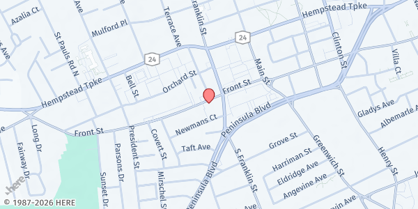 Map showing Rehoboth Fellowship Ctr. at 232 Front Street, Hempstead, NY