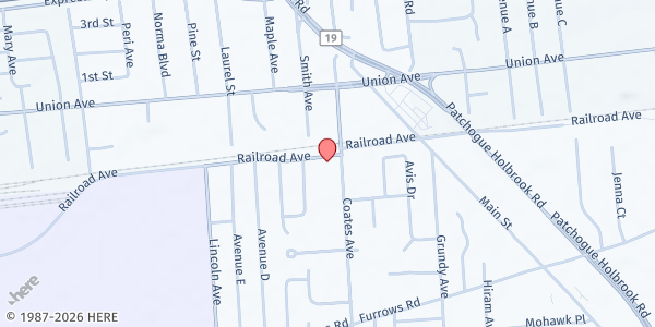 Map showing Calvary Chapel at 1680 Railroad Ave, Holbrook, NY