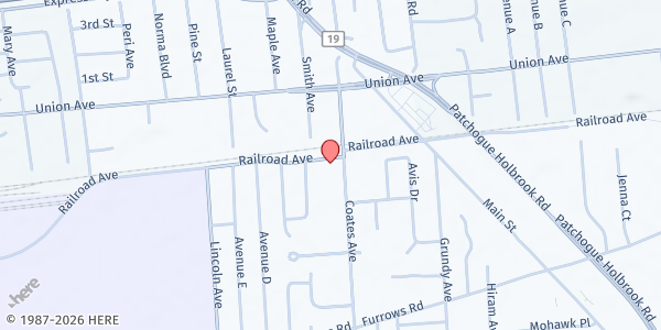 Map showing Calvary Chapel Island of Grace at 1680 Railroad Ave, Holbrook, NY