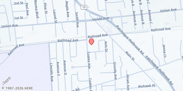 Map showing St. John's Lutheran at 1675 Coates Avenue, Holbrook, NY