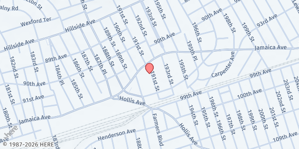 Map showing Beraca SDA Church at 91-19 191 St, Hollis , NY