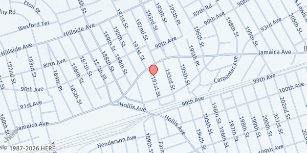 Map showing BERACA SEVENTH DAY ADVENTIST CHURCH at 91-19 191 Street, Hollis, NY