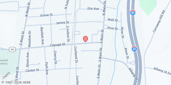 Map showing Homer Food Pantry (First Methodist Church) at 16 Cayuga St., Homer, NY