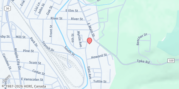 Map showing Mobile Food Pantry Hornell-Rehoboth at Rehoboth Deliverance Ministries, 112 East Ave, Hornell, NY