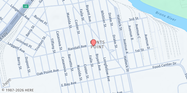 Map showing Grand Central Food Program, SW corner Randall & Bryant at 587 Bryant Avenue, Hunts Point, NY