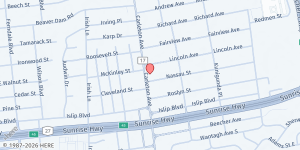 Map showing Christ Lutheran Church at 117 Carleton Ave., Islip Terrace, NY