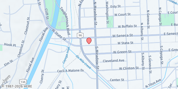 Map showing St. John's Community Services at 618 W State St, Ithaca, NY