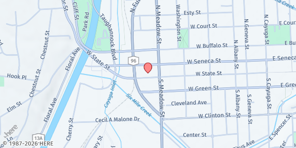 Map showing St. Johns Community Services Pantry at 618 W. State St., Ithaca, NY