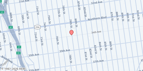 Map showing Jackson Heights Greenmarket at 78-99 34th Ave, Jackson Heights, NY