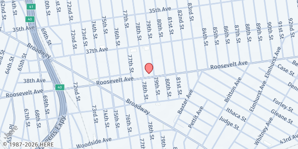 Map showing Love Wins Food Pantry at 78-11 Roosevelt Avenue, Jackson Heights, NY