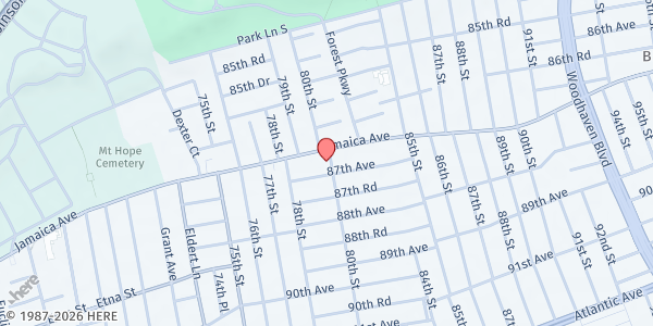 Map showing All Nations Baptist Church of Woodhaven at 86-74 80th Street, Jamaica, NY