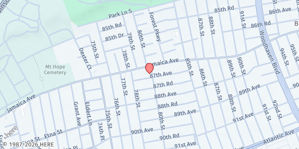 Map showing All Nations Baptist Church of Woodhaven at 86-74 80th Street, Jamaica, NY