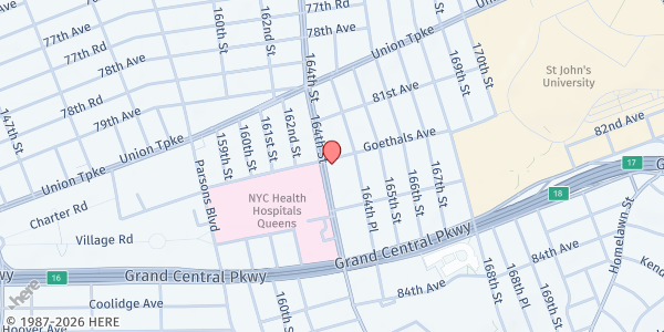 Map showing All Saints Lutheran Church at 164-02 Goethals Ave, Jamaica, NY