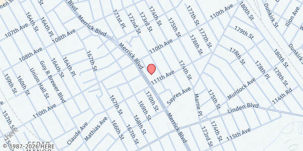 Map showing ALLEN OUTREACH MINISTRY FEEDING PROGRAM at 110-31 Merrick Boulevard, Jamaica, NY