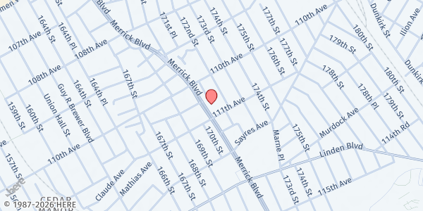 Map showing Allen Outreach Ministry Feeding Program at 110-31 Merrick Blvd, Jamaica, NY