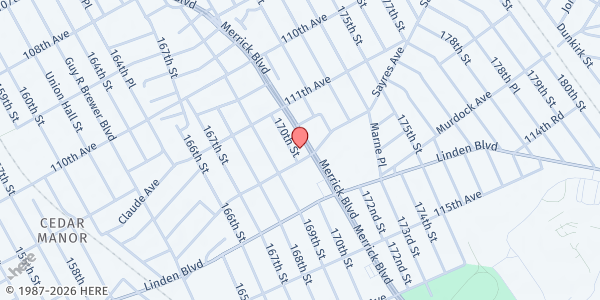 Map showing Allen Outreach Ministry Feeding Program at 111-54 Merrick Boulevard, Jamaica, NY
