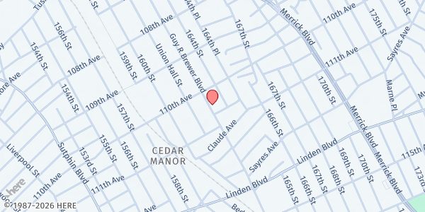 Map showing Bethel Gospel Tabernacle at 110-25 Guy R Brewer Boulevard, Jamaica, NY