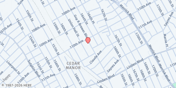 Map showing BETHEL GOSPEL TABERNACLE at 110-25 Guy Brewer blvd, JAMAICA, NY