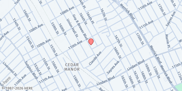 Map showing BETHEL GOSPEL TABERNACLE CHURCH at 110-25 Guy R Brewer Boulevard, Jamaica, NY