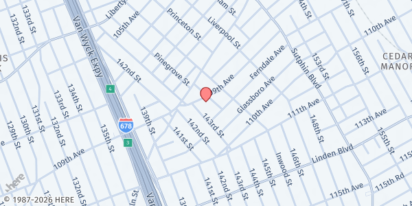 Map showing Brooks Memorial United Methodist Church at 143-22 109 Avenue, Jamaica, NY