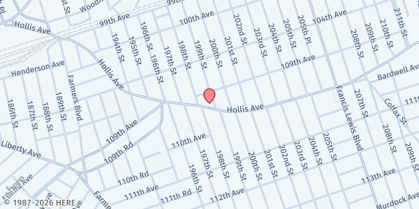 Map showing Christ Is The Answer Full Gospel Ministry Inc. at 198-17 Hollis Avenue, Jamaica, NY