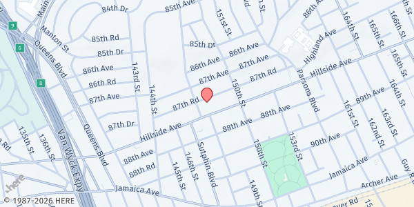 Map showing Darus Salam Masjid at 148-16 87th Road, Jamaica, NY