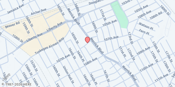 Map showing First Church of God in Christ at 170 107th Avenue, Jamaica, NY