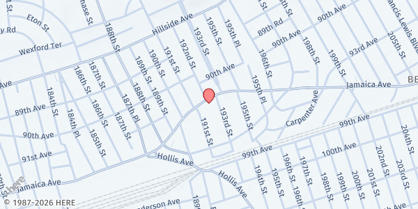 Map showing HOLLIS COMMUNITY CHRISTIAN CENTER at 191-22 JAMAICA AVENUE, Jamaica, NY